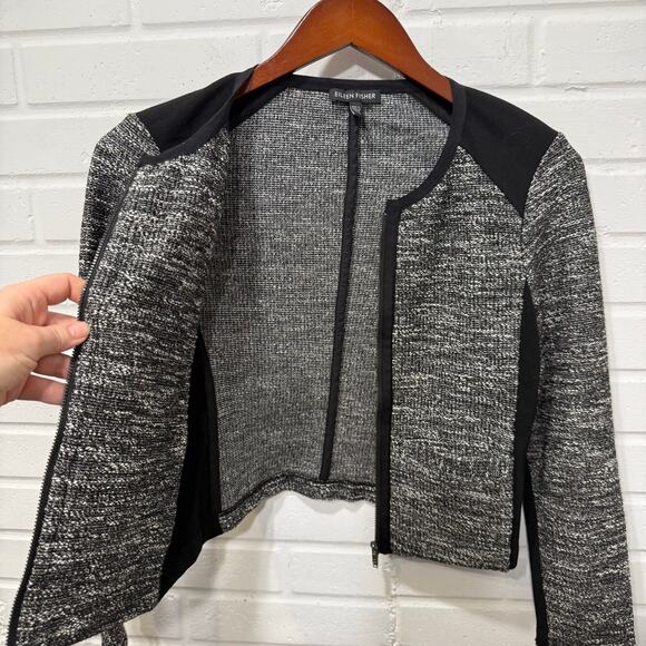 Eileen Fisher Collarless Tweed Crop Jacket Full Zip Italian Ponte Black White XS - Picture 5 of 14